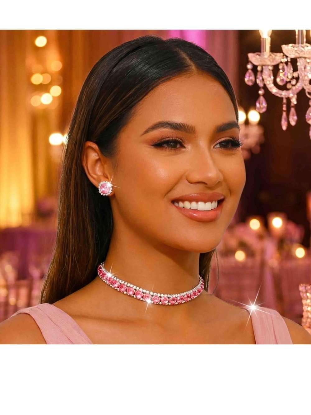 Pink Crystal Choker Necklace and Stud Earring Set - Women Jewelry